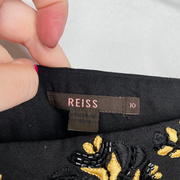 Reiss Opera Black Beaded Gold Leaf Floral Embroidered Mini Pencil Skirt 10 - Picture 6 of 13